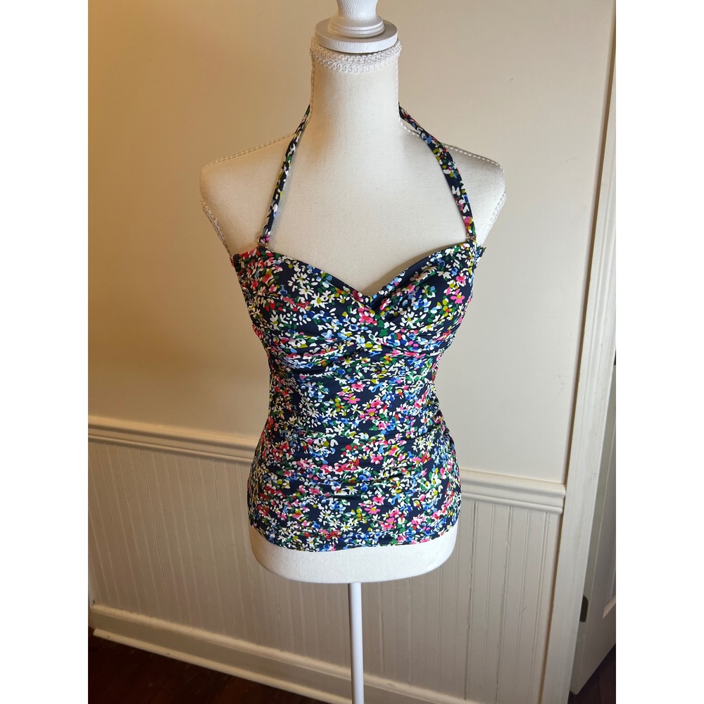 Anne Cole Floral Tankini Top Navy Blue Twist Front Halter Bandeau Swimwear sizeS